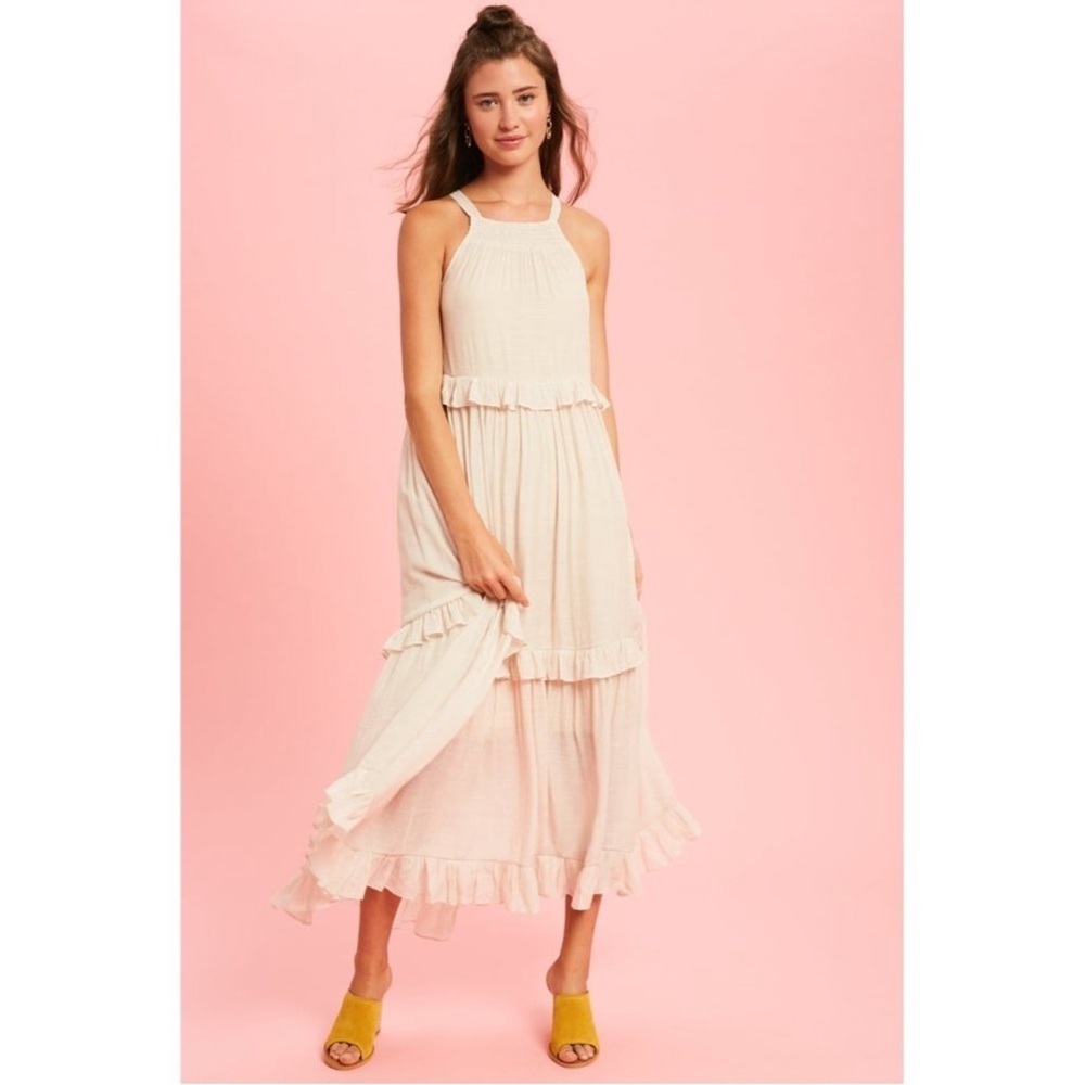 Listicle Pink Tiered Ruffle Boho Cottagecore Maxi Dress with Pockets
